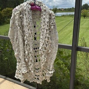 Boho Handed Crafted Crochet knitted Cardigan sweater creme with black specs
